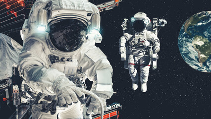 Astronaut spaceman do spacewalk while working for spaceflight mission at space station . Astronaut wear full spacesuit for operation . Elements of this image furnished by NASA space astronaut photos . © InfiniteFlow