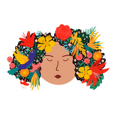Woman portrait flowers. Tropical flowers and leaves in hair. Girl with hair decoration flower. Floral portrait woman natural. Graphic illustration.