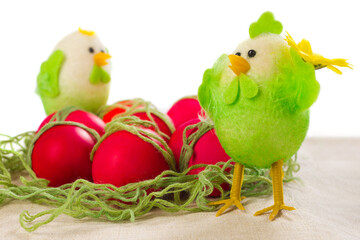 Easter red eggs with poults decorations