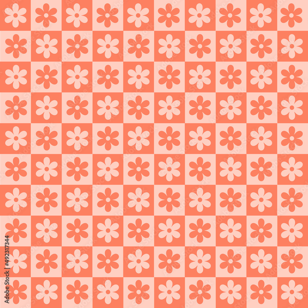 Poster Checkerboard monochrome seamless pattern with red geometric shaped flowers. Colorful vector background in retro style 60s, 70s. 