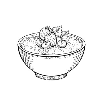 recommend clip art: Oat bowl. Oatmeal sketch vector porridge. Breakfast cereal oat illustration. Granola meal with fruit strawberry milk yogurt. Healthy food icon. Oatmeal corn muesli vintage drawing. Doodle cup plate