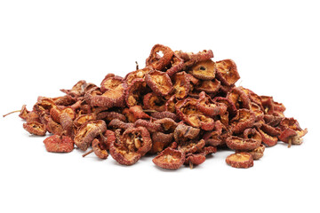 Dried hawthorn slices for brewing tea on white background