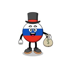 russia flag mascot illustration rich man holding a money sack