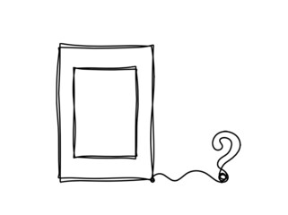 Abstract picture frame with question mark as continuous lines drawing on white background. Vector