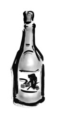 瓶に入ったお酒の手描き和風イラスト　モノクロ
