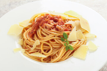 Italian pasta Spaghetti bolognese with parmesan