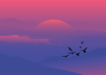 Obraz premium graphics drawing Landscape view sunset or sunrise win mountain background vector Illustration