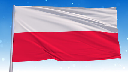 Waving National Flag Of Poland In The Wind With Pole On Cloudy Fog Glitter Dust Flying Blue Sky 3D Rendering