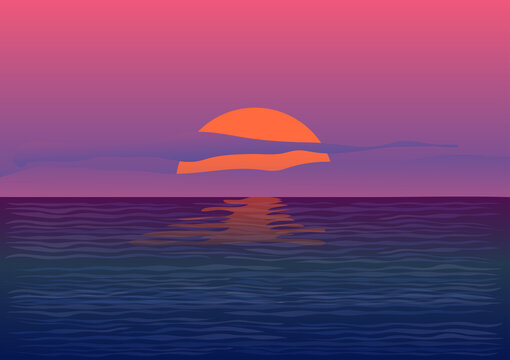 landscape view drawing sunset or sunrise on beach for background vector illustration concept romantic nature