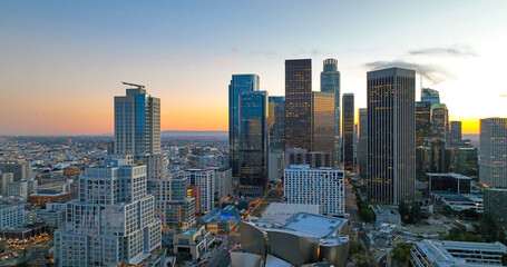 Sunset over Los Angeles downtown. Los Angeles skyline and skyscrapers. Downtown Los Angeles aerial view, business centre of the city.