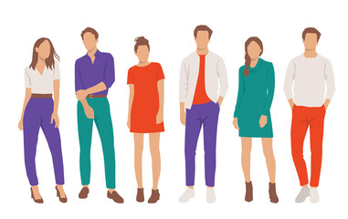 Fototapeta premium Set of young men and women, different colors, cartoon character, group of silhouettes of standing business people, students, the design concept of flat icon, isolated on white background