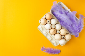 Obraz na płótnie Canvas Top view of cardboard tray with ten organic raw chicken eggs and very peri feathers. Yellow background. Easter holiday.