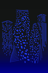 City night modern landscape, black and blue silhouette, vector image in flat design.