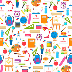 Colorful school seamless pattern. School supplies and learning symbols. Vector illustration for your creativity, packaging