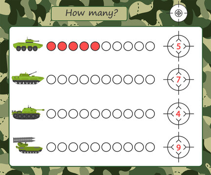 Educational Military game for kids. Counting training. Hit the target and paint over the pattern. Activity for preschool years kids and toddlers. Vector illustration