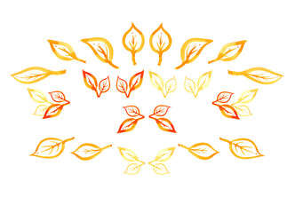 Watercolor gold autumn leaf set. Hand-drawn illustration isolated white background. Organic minimal trendy style. Template cover icon posters invitations cards. Floral elements leaves splashes blots