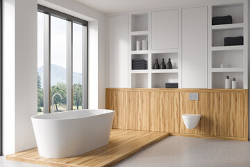 Obraz na płótnie Canvas White bathroom interior with tub, toilet and shelf, window with countryside