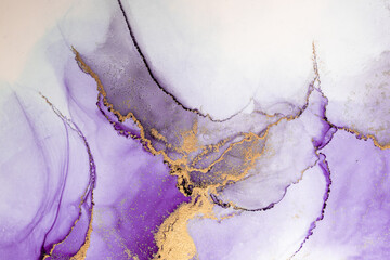 Purple gold abstract background of marble liquid ink art painting on paper . Image of original artwork watercolor alcohol ink paint on high quality paper texture . - obrazy, fototapety, plakaty