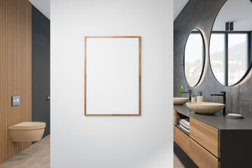 Bathroom interior with toilet, sink and mirror. Mockup poster