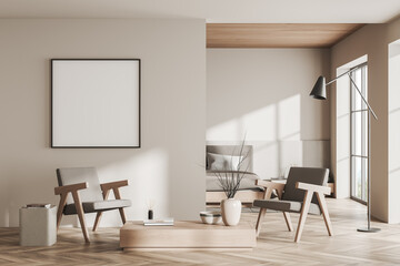 Light relax zone interior with two seats and bed near window. Mockup frame