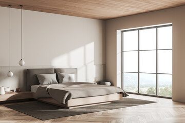 Light bedroom interior with bed on carpet, panoramic window. Mockup