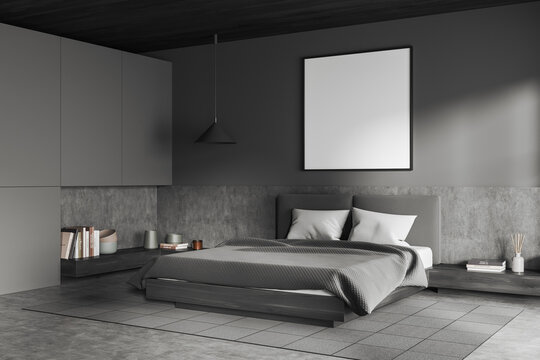 Grey bedroom interior with bed on carpet, decoration. Mockup frame