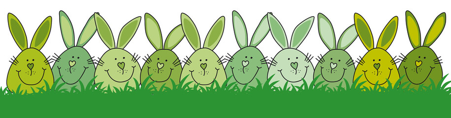 Grüne, lustige Osterhasen Im Gras, von Hand gezeichnet, für Newsletter und Marketing