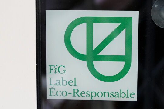 FIG label eco-responsable logo brand and text sign on windows door restaurant means french indicator of eco-responsible restaurants