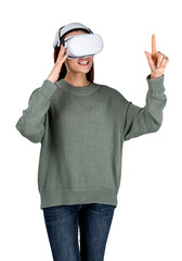 Smiling businesswoman in casual wear is wearing vr helmet