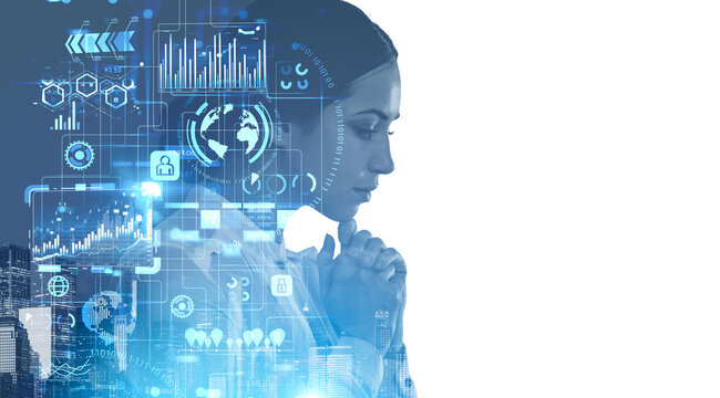 Woman pensive and graph with data, lines and dynamics chart. Cop - Powered by Adobe