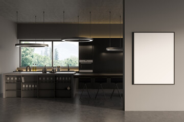 Kitchen interior with countertop and kitchenware, window and mockup frame