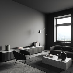 Grey relaxing room interior with seats and commode near window, mockup