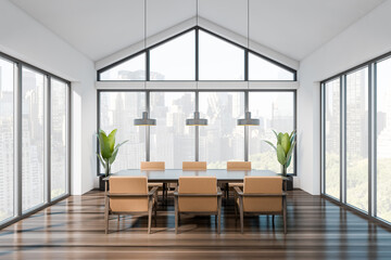 Office meeting room interior with table and chairs, window with city view