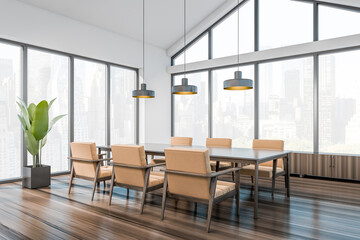 Fototapeta premium Business meeting room interior with table and seats, window with city view