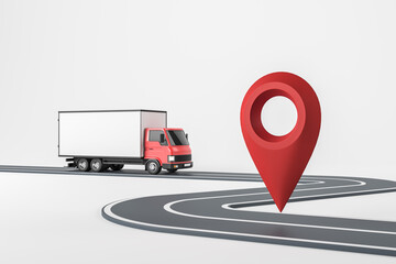Truck on road and location marker, white background. Mockup