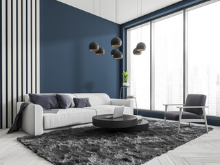 Chill zone interior with sofa and armchair, coffee table and panoramic window