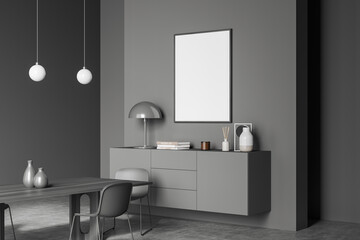 Grey chill room interior with seats, drawer and decoration. Mockup frame