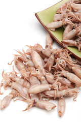 Small Freshly Steamed Squids On White background