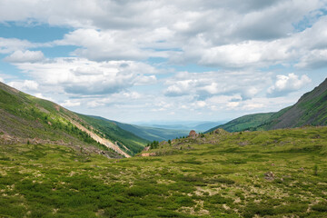 Obraz premium Minimalistic alpine scenery with high green mountain valley in sunlight. Scenic mountain landscape with changeable weather in highlands. Sunlight and shadow. Texture of the Alpine green slope.