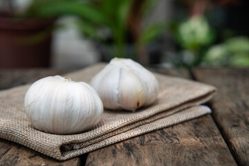 White garlic on table.