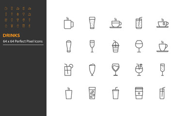 set of drinks line icons, hot drinks, alcohol, glass