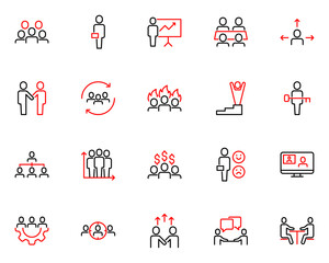 set of business people line icons, teamwork, group, meeting, member