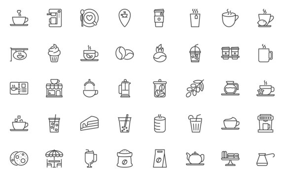 set of cafe line icons, coffee, tea, hot drinks