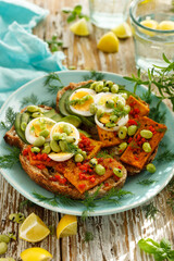 Vegetarian sourdough bread sandwiches with fried tofu, edamame, avocado and hard-boiled eggs sprinkled with fresh herbs served on a ceramic plate, close up 