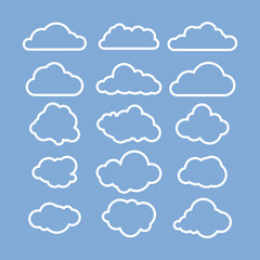 Cloud icons on a gray-blue background in a linear style for print and design. Vector illustration.