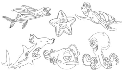 A set of underwater inhabitants in a linear style for printing and coloring. Vector illustration.