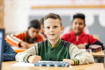 Portrait of a schoolboy following lecture in elementary school.