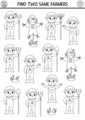 Find two same farmers. On the farm black and white matching activity for children. Rural village coloring page for kids for attention skills. Simple printable line game with cute boy.