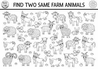 Find two same farm animals. On the farm black and white matching activity for children. Educational coloring page for kids for attention skills. Simple printable game with cute pig, cow, goat, horse.