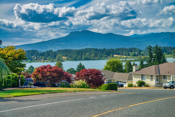 Vancouver Island, Canada - August 14, 2017: Quamichan Lake, view from the road in Vancouver Island.